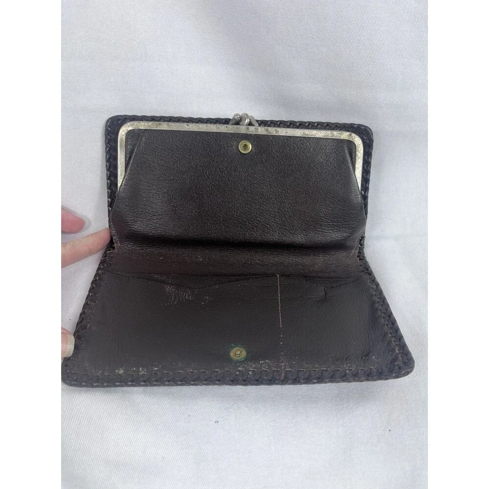 Tooled Brown Leather Unisex Money Wallet Card Checkbook Holder Floral Acorns Vtg